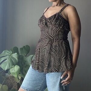 Anna Sui Spaghetti Strap Top Women's 10 Brown Stripes Polka Dots Silk Blend